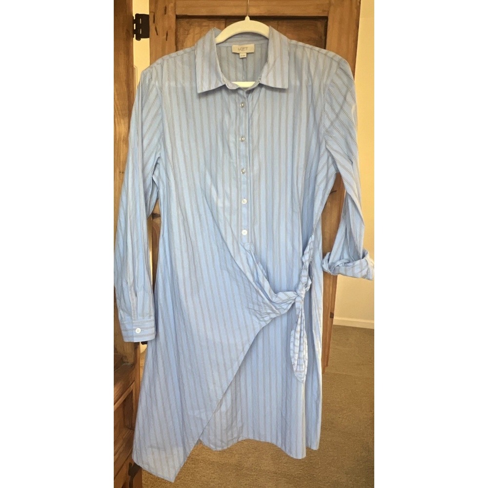 Loft Outlet Women's Blue Navy White Striped Asymmetrical Hem Long Sleeve Dress